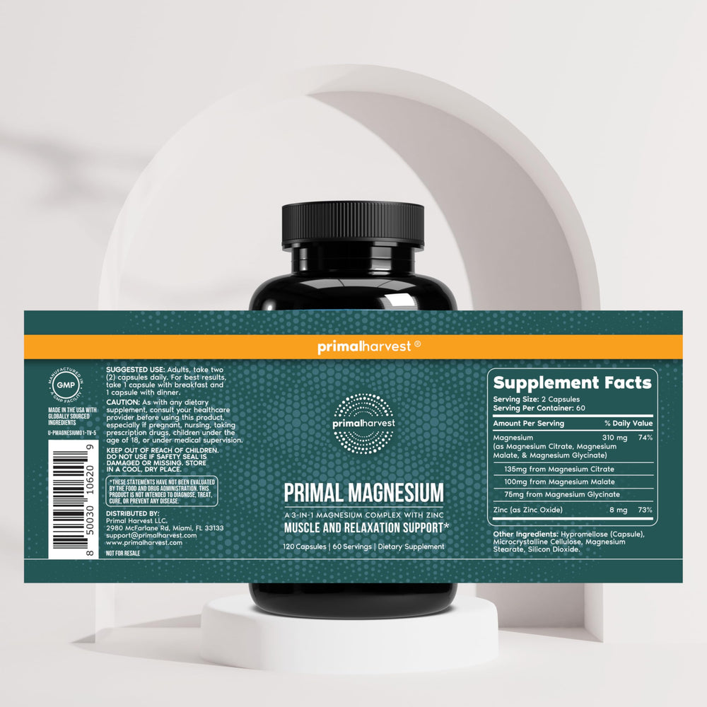 Primal Harvest Magnesium Complex capsules with zinc for immune health potential.