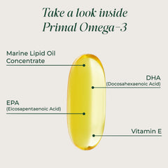 Primal Harvest Omega-3 capsules closeup with no fishy aftertaste emphasis