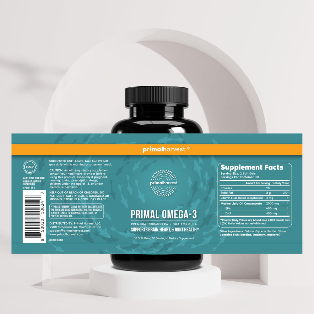 Primal Harvest Omega-3 dosage visual showing two softgels together