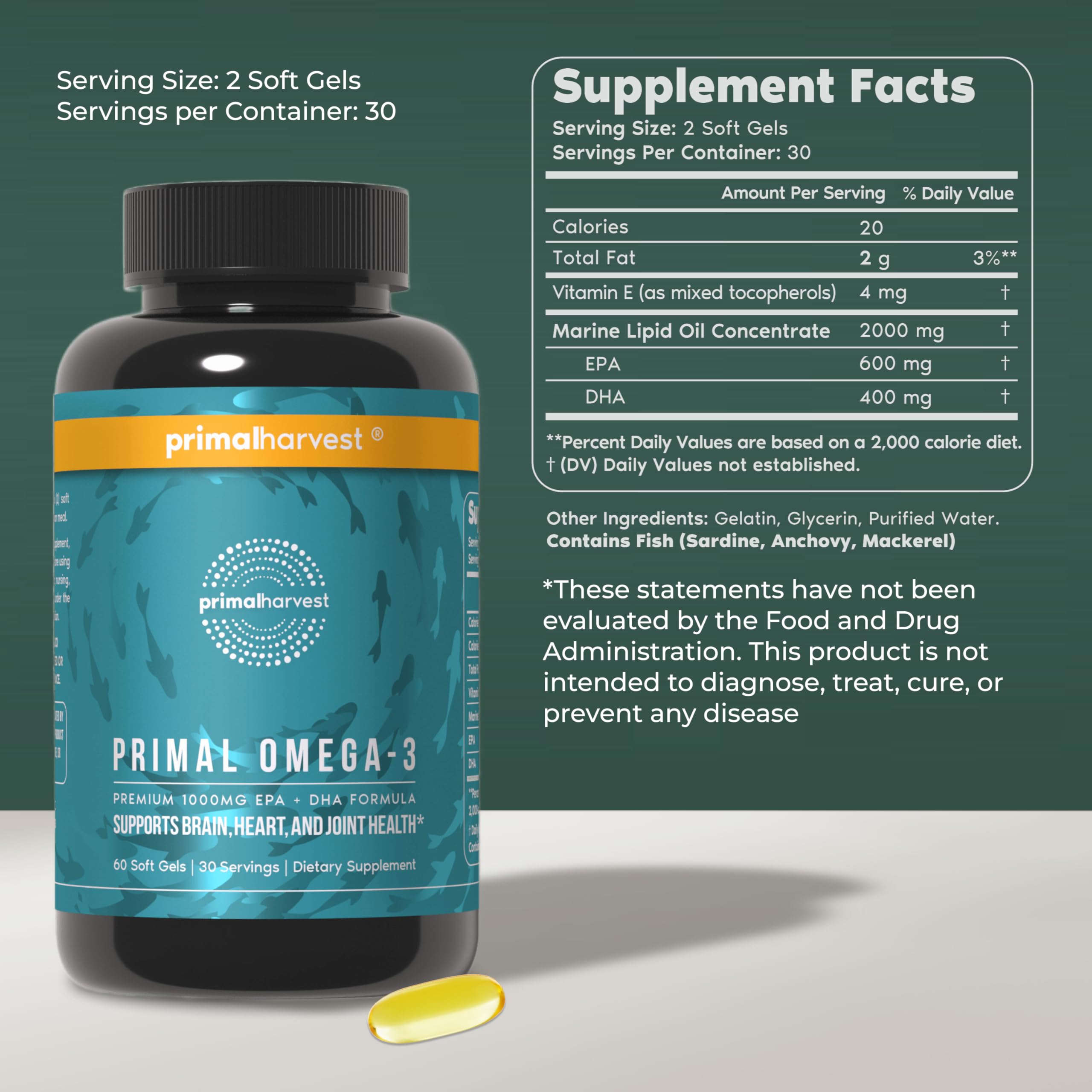 Primal Harvest Omega-3 label closeup highlighting EPA and DHA content