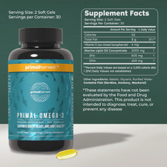 Primal Harvest Omega-3 label closeup highlighting EPA and DHA content