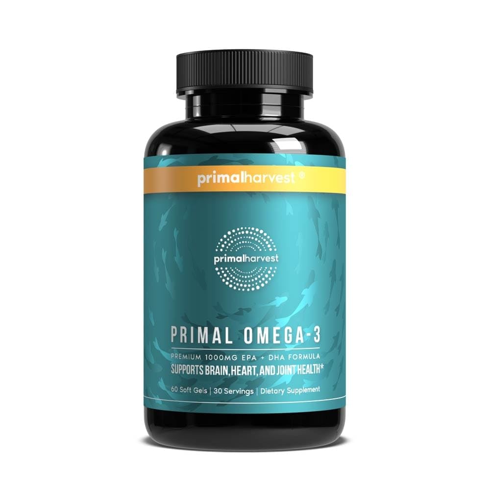 Primal Harvest Omega-3 softgels bottle showing high-potency EPA and DHA for daily wellness