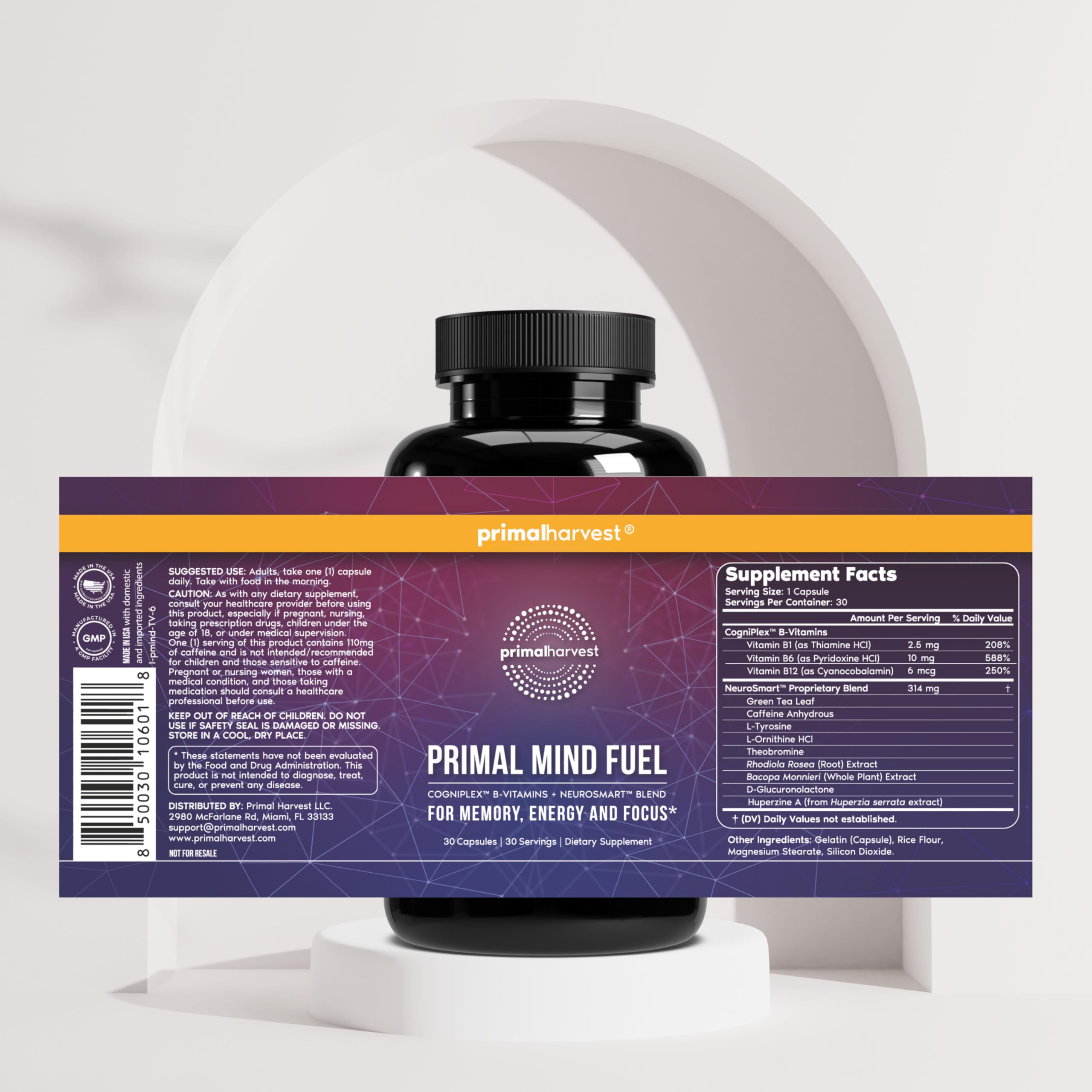 Primal Mind Fuel label front highlighting GMP-quality and third-party testing