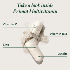 Primal Harvest Primal Multivitamin capsules close-up shows easy-to-swallow form.