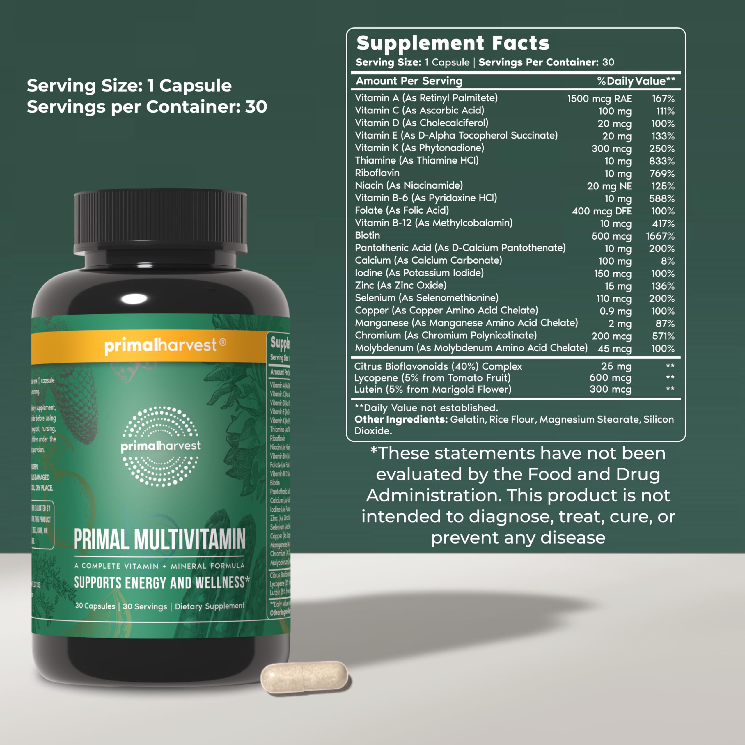 Primal Harvest Primal Multivitamin label shows 21 vitamins and minerals.