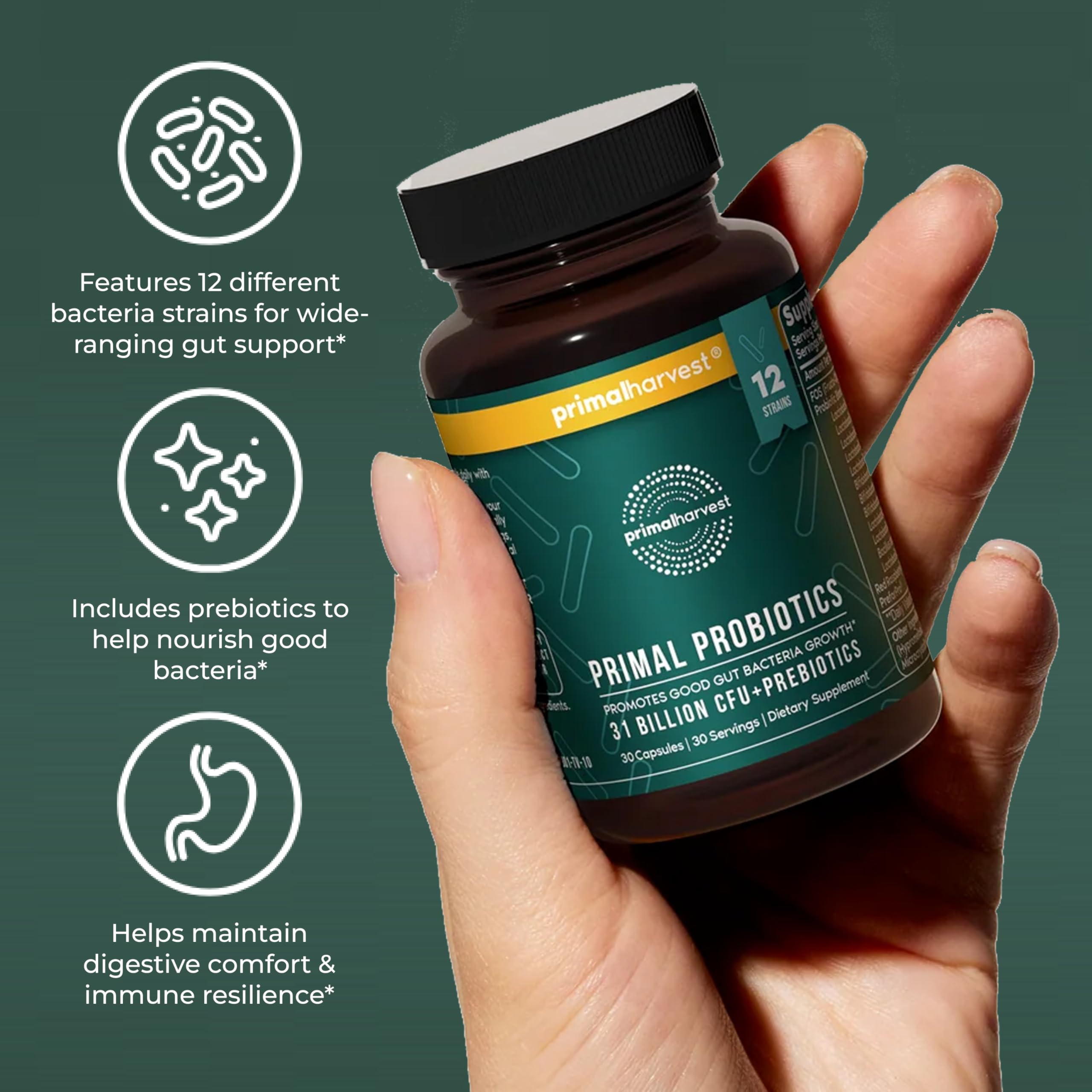 Primal Harvest Probiotics GMP tested seal emphasizes quality and third party validation.