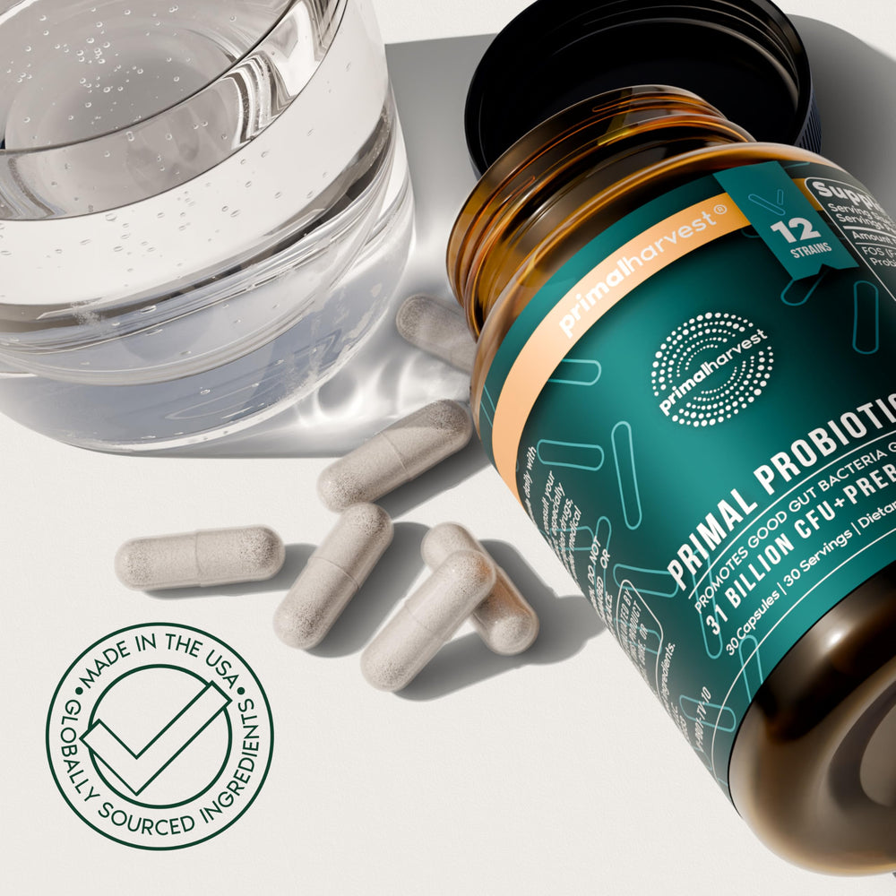 Primal Harvest Probiotics bottle on kitchen counter ready for routine.