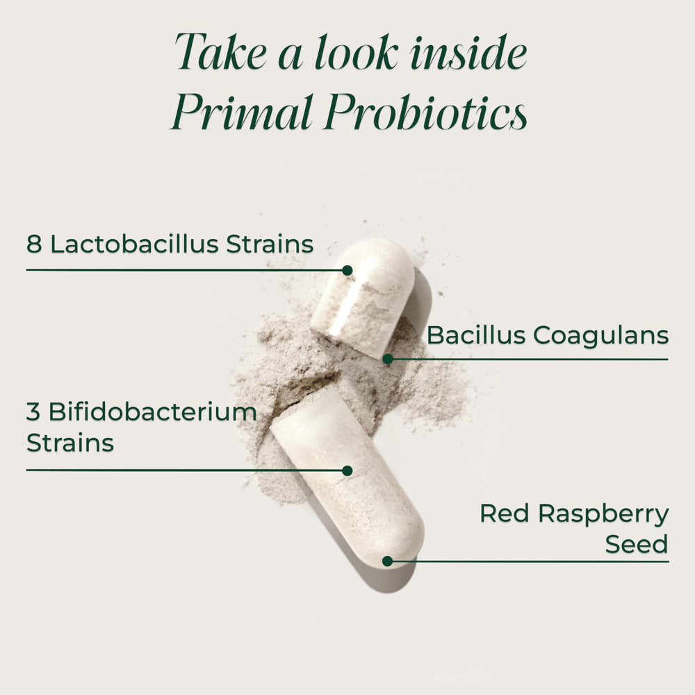 Primal Harvest Probiotics label shows 12 strains in a premium formula.
