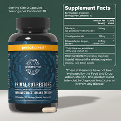 Close-up of Primal Harvest Restore capsules showing size and texture for gut health support.