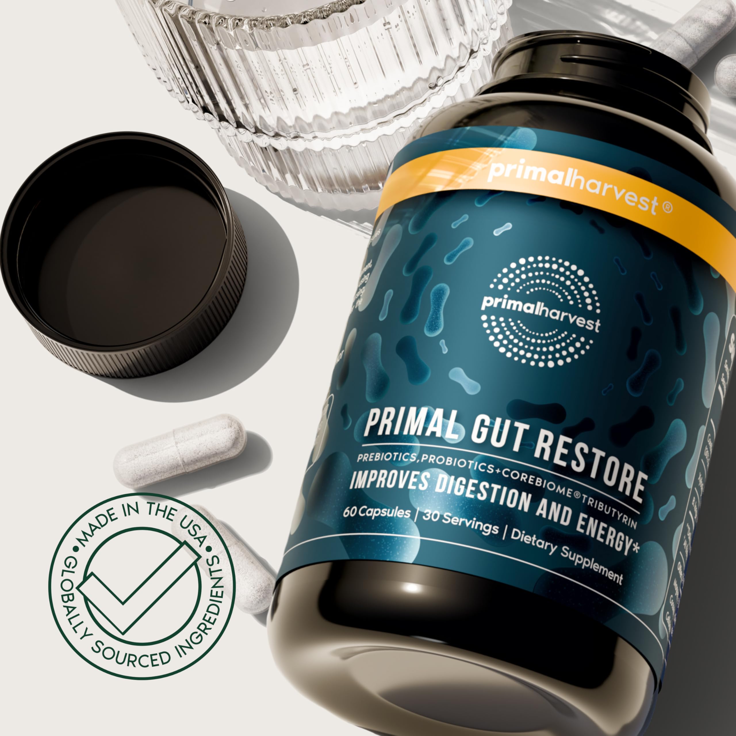 Lifestyle scene showing Primal Harvest Restore in daily routine for gut wellness.