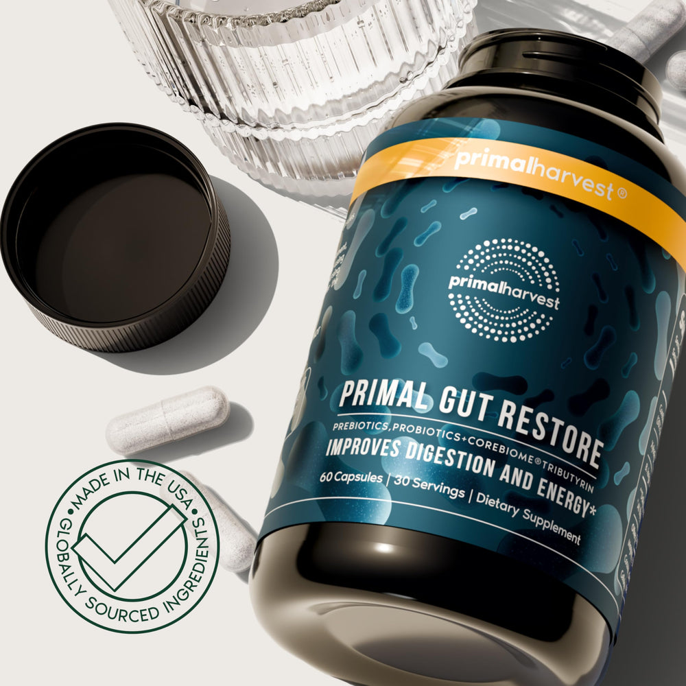 Lifestyle scene showing Primal Harvest Restore in daily routine for gut wellness.