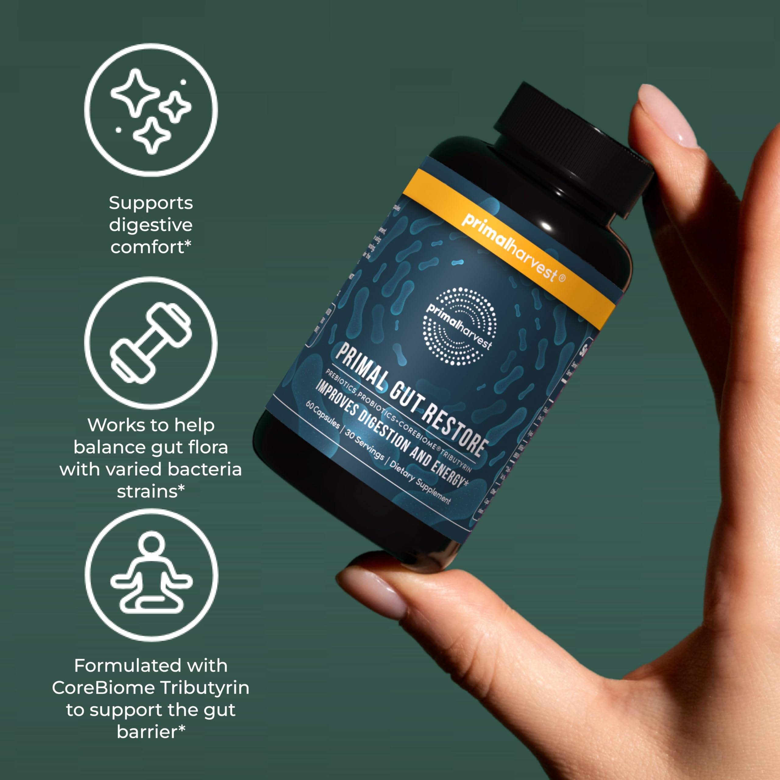 Primal Harvest Restore packaging emphasizes gut health and immune support.