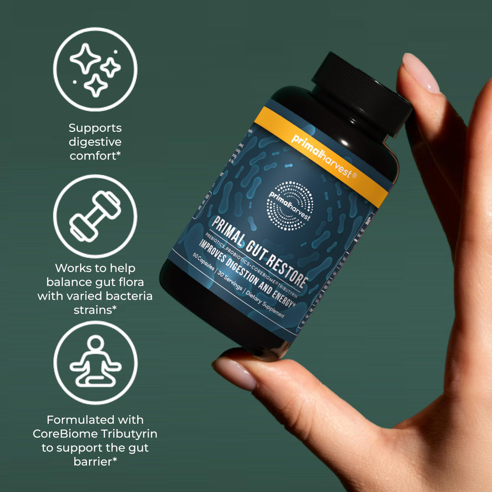 Primal Harvest Restore packaging emphasizes gut health and immune support.