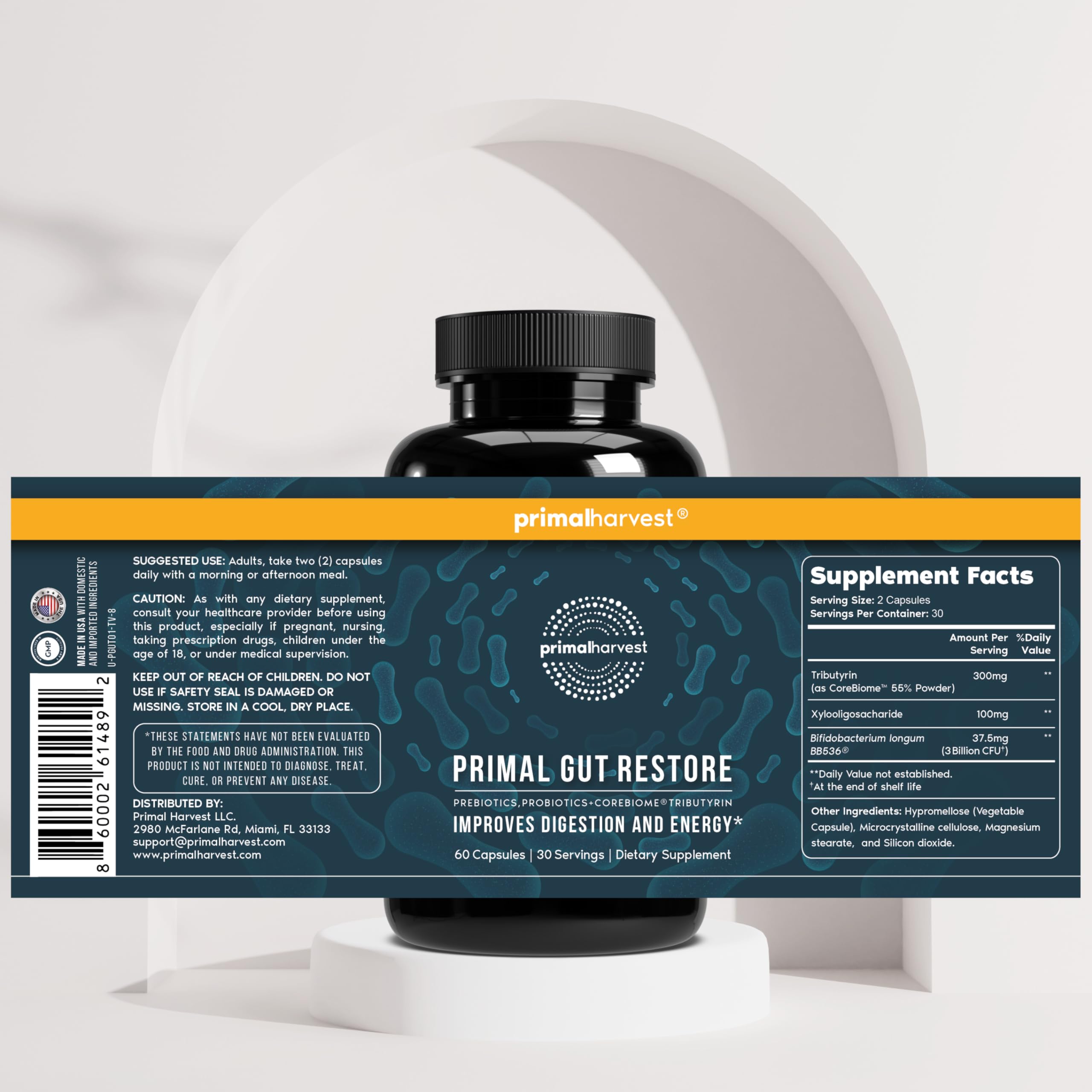 Primal Harvest Restore ingredient blend showing POSTbiotics, PREbiotics and PRObiotics for gut support.