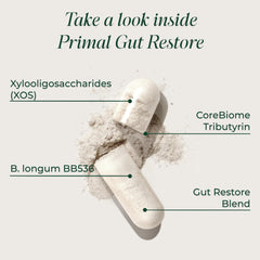Label view of Primal Harvest Restore highlighting POSTbiotics, PREbiotics, and PRObiotics.