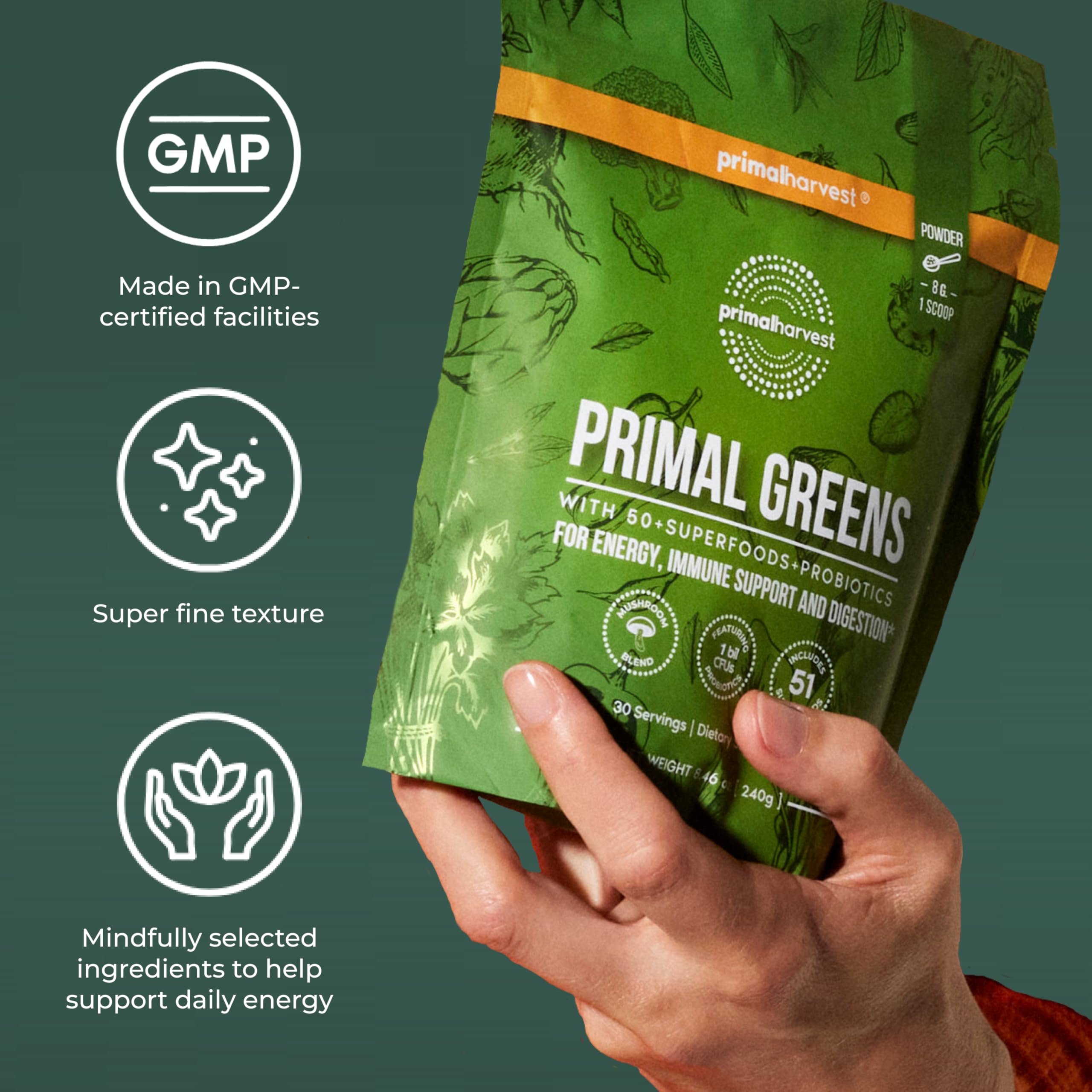 Close-up of green powder texture from Primal Harvest Super Greens.