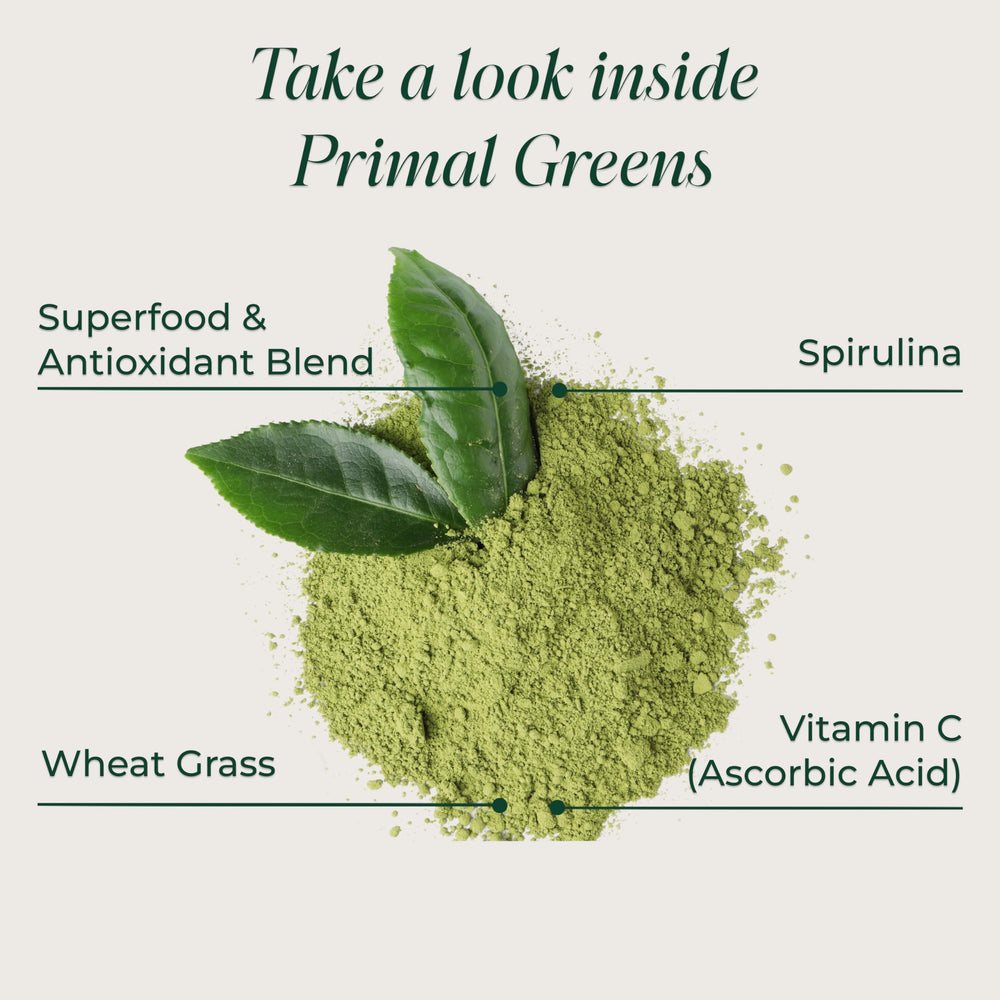 Primal Harvest Super Greens powder dissolving in water for quick refreshment.