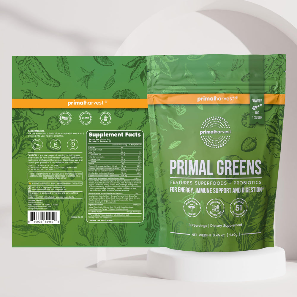 Front label shows 50+ greens and probiotic blend in Primal Harvest powder.