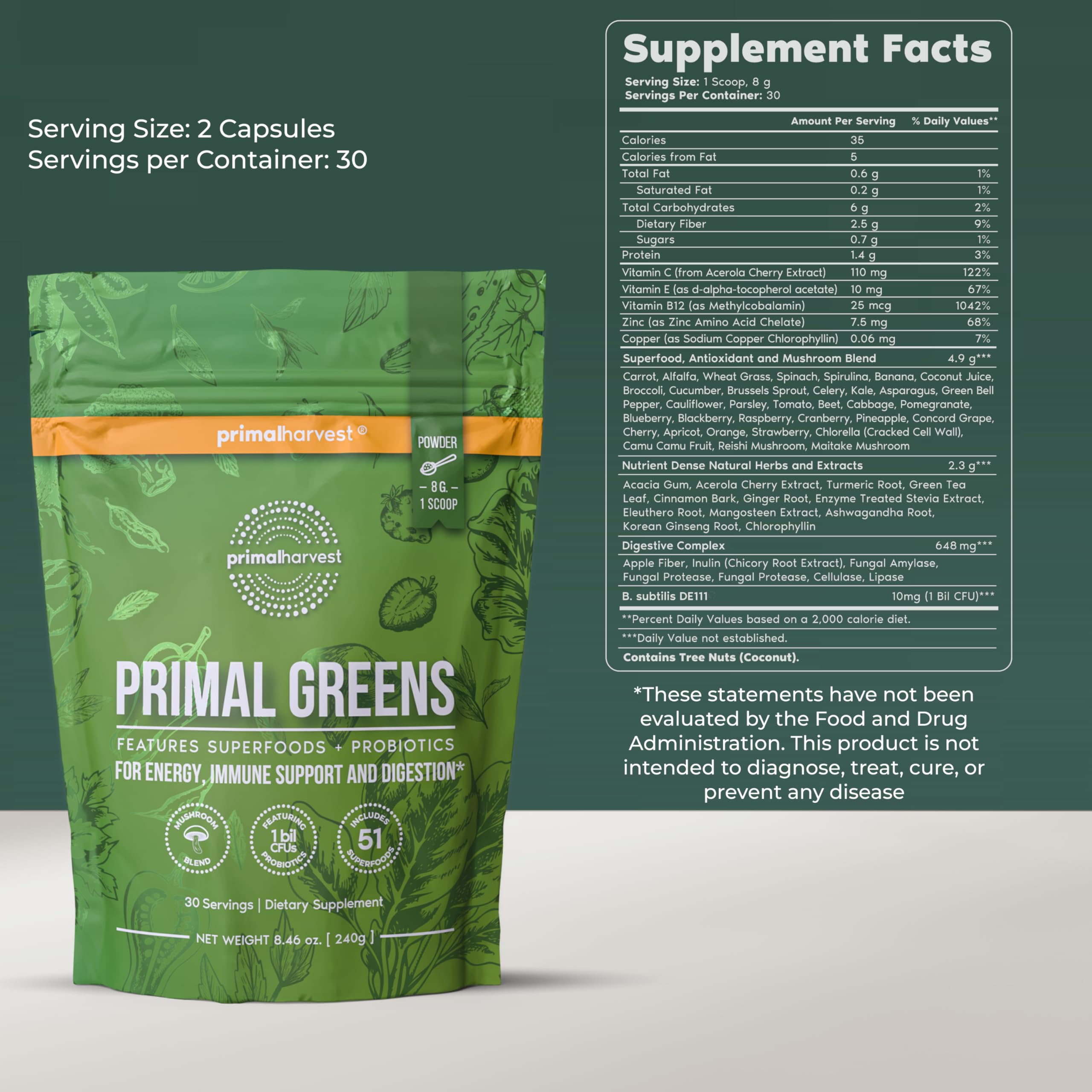 Scoop of Primal Harvest Super Greens powder ready to mix into beverages.