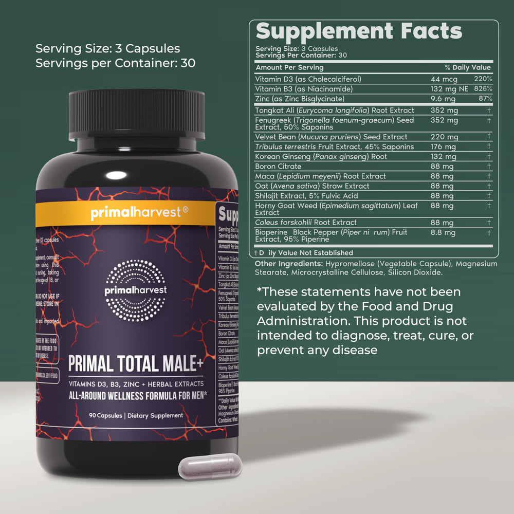 Primal Harvest Total Male+ bottle side view highlighting compact daily supplement format