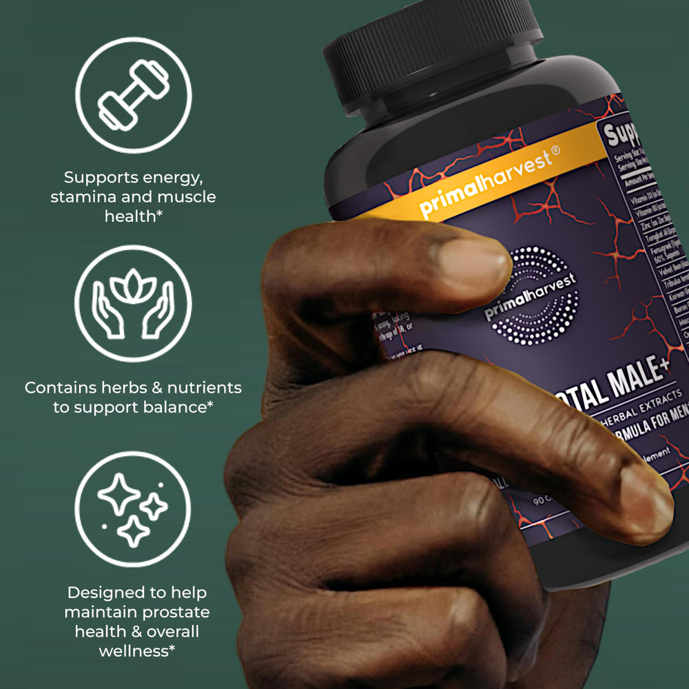 Primal Harvest Total Male+ bottle with glass representing daily wellness routine
