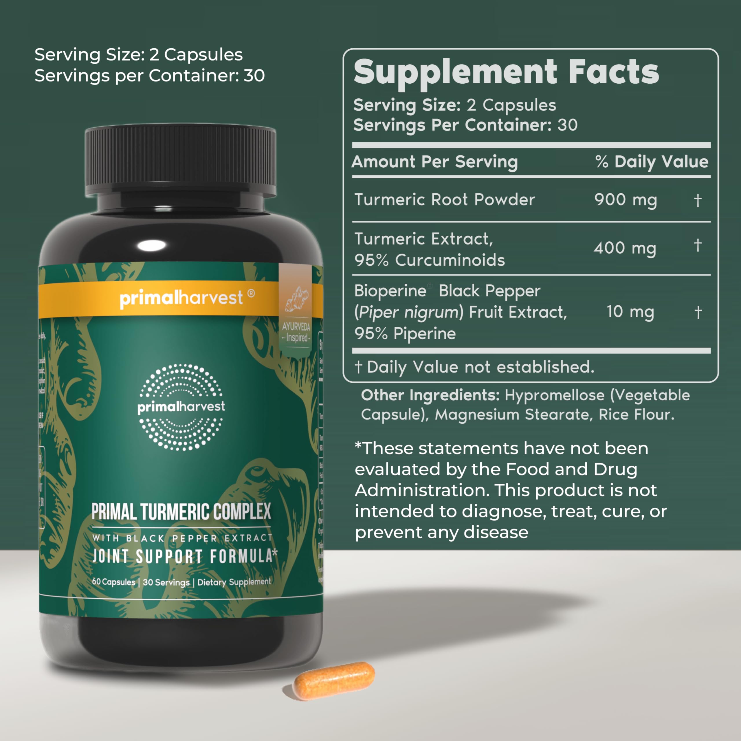 Primal Harvest Turmeric Complex capsules ready for daily use with black pepper.