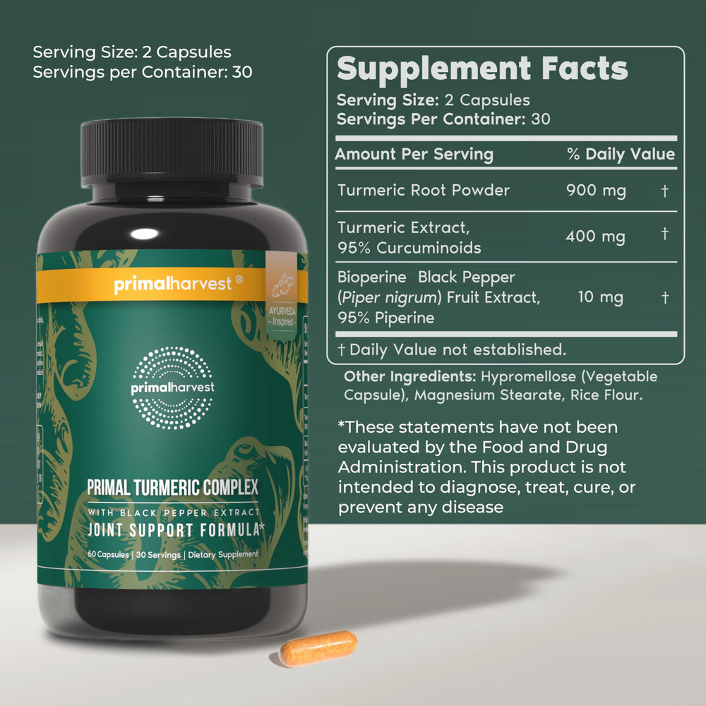 Primal Harvest Turmeric Complex capsules ready for daily use with black pepper.