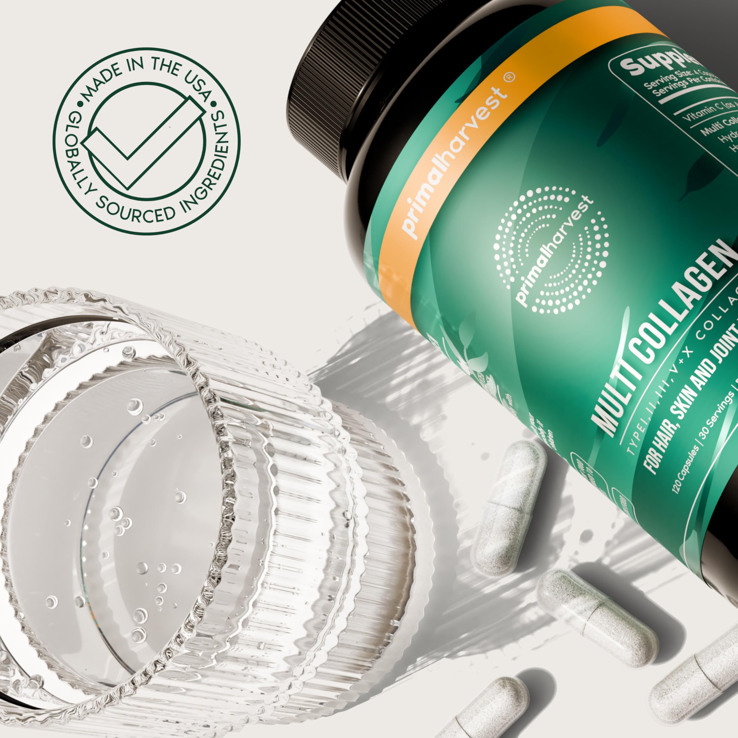 Primal Harvest wellness routine shot with user taking capsules.