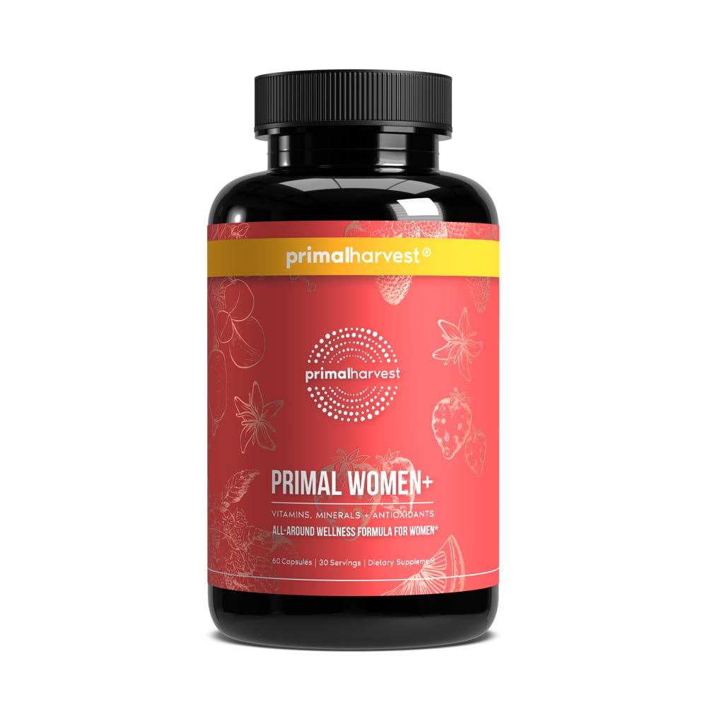 Primal Harvest Women+ bottle front view for daily energy routine.
