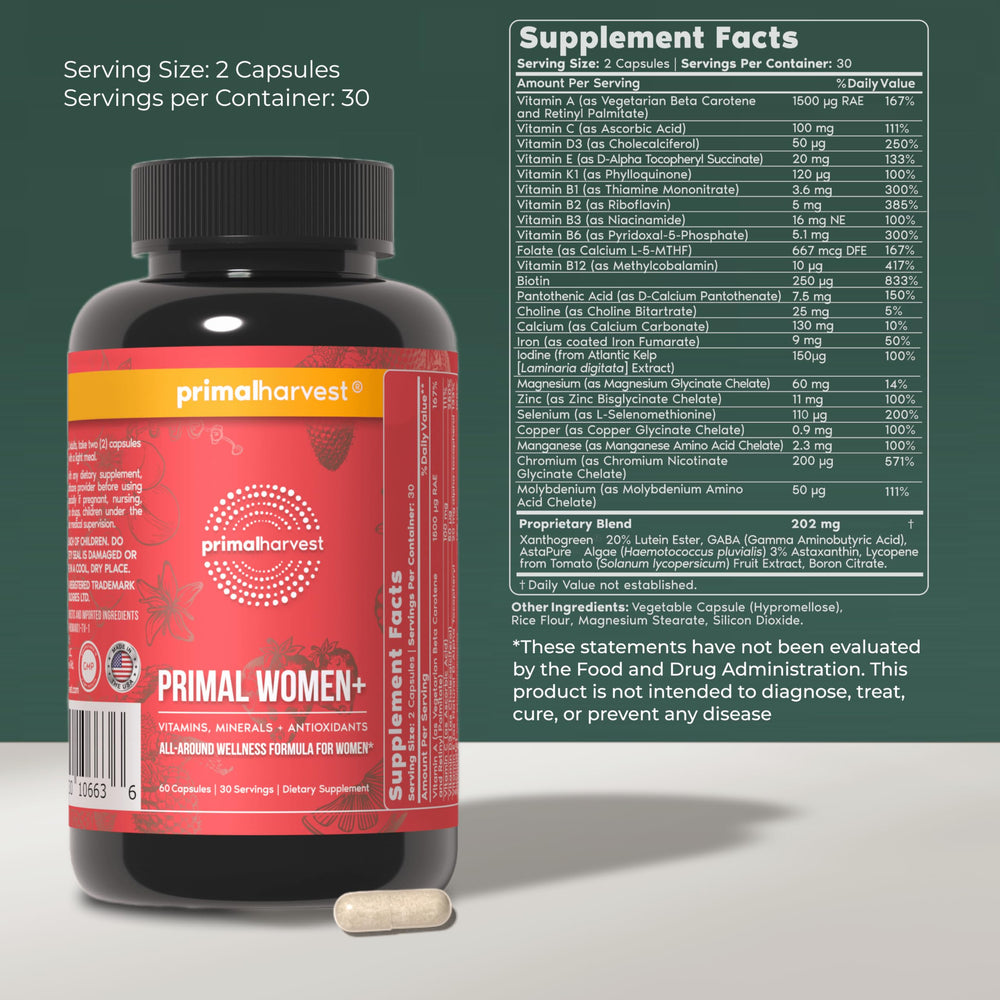 Primal Harvest Women+ bottle label close-up showing ingredients and purity.