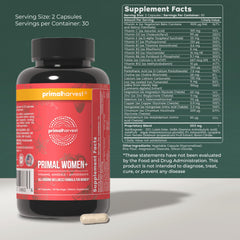 Primal Harvest Women+ bottle label close-up showing ingredients and purity.