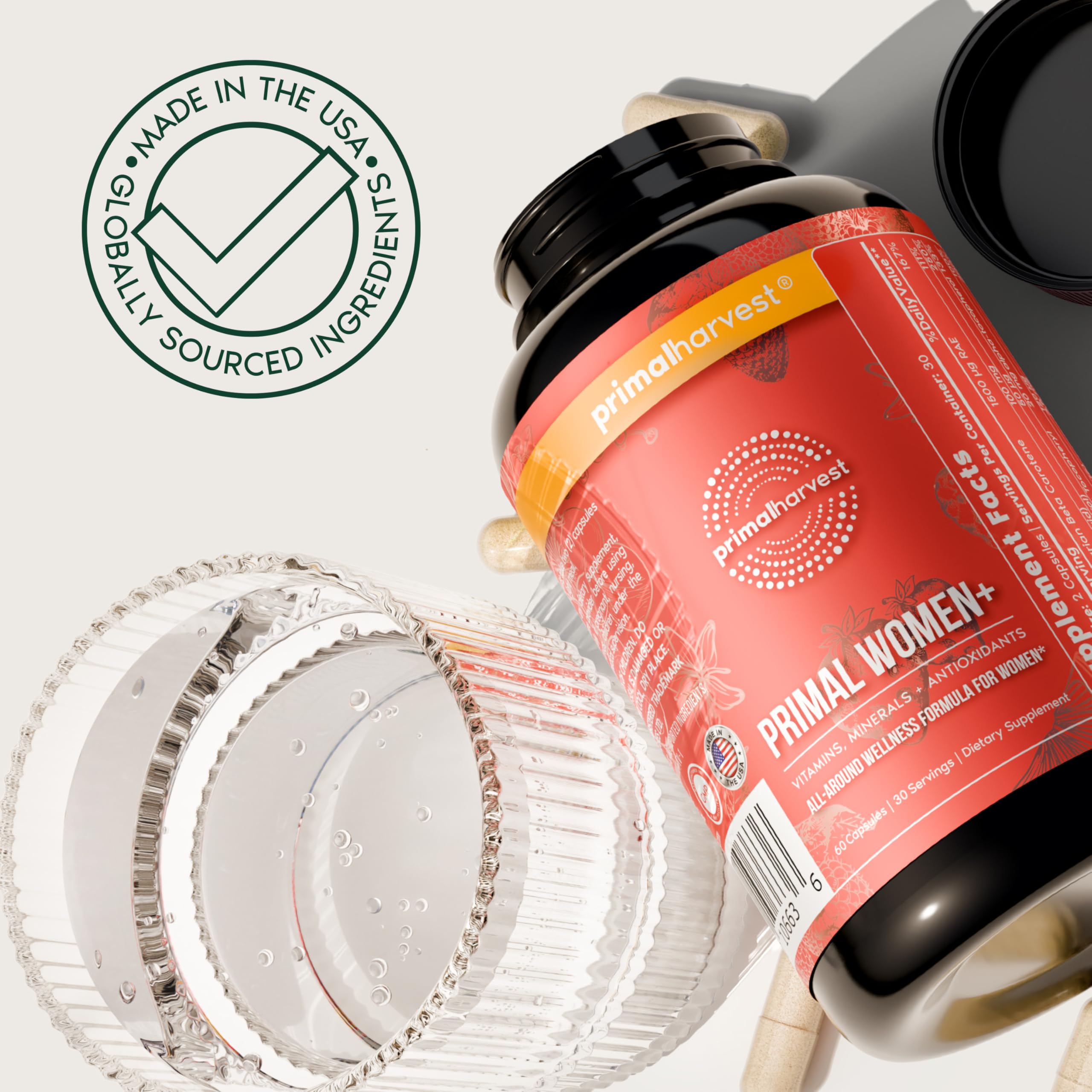 Primal Harvest Women+ lifestyle shot showing a morning vitamin routine.