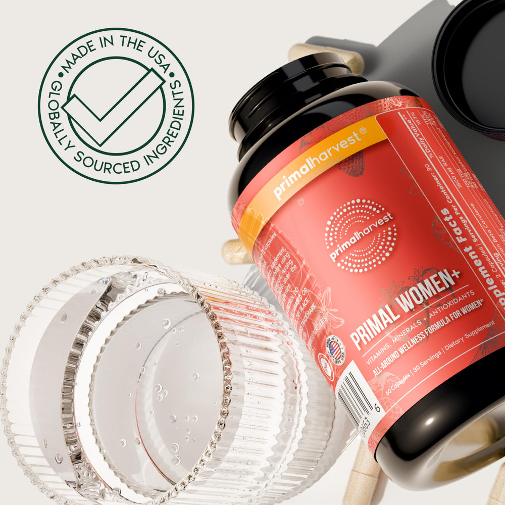 Primal Harvest Women+ lifestyle shot showing a morning vitamin routine.