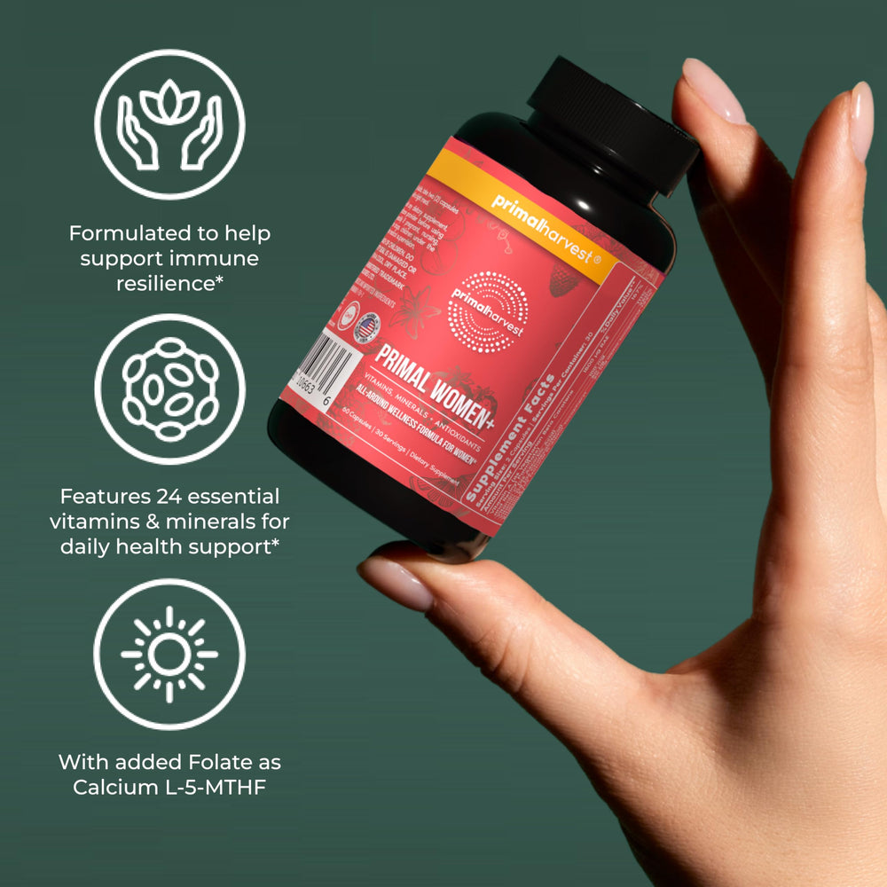 Primal Harvest Women+ gluten-free and keto-friendly packaging label.
