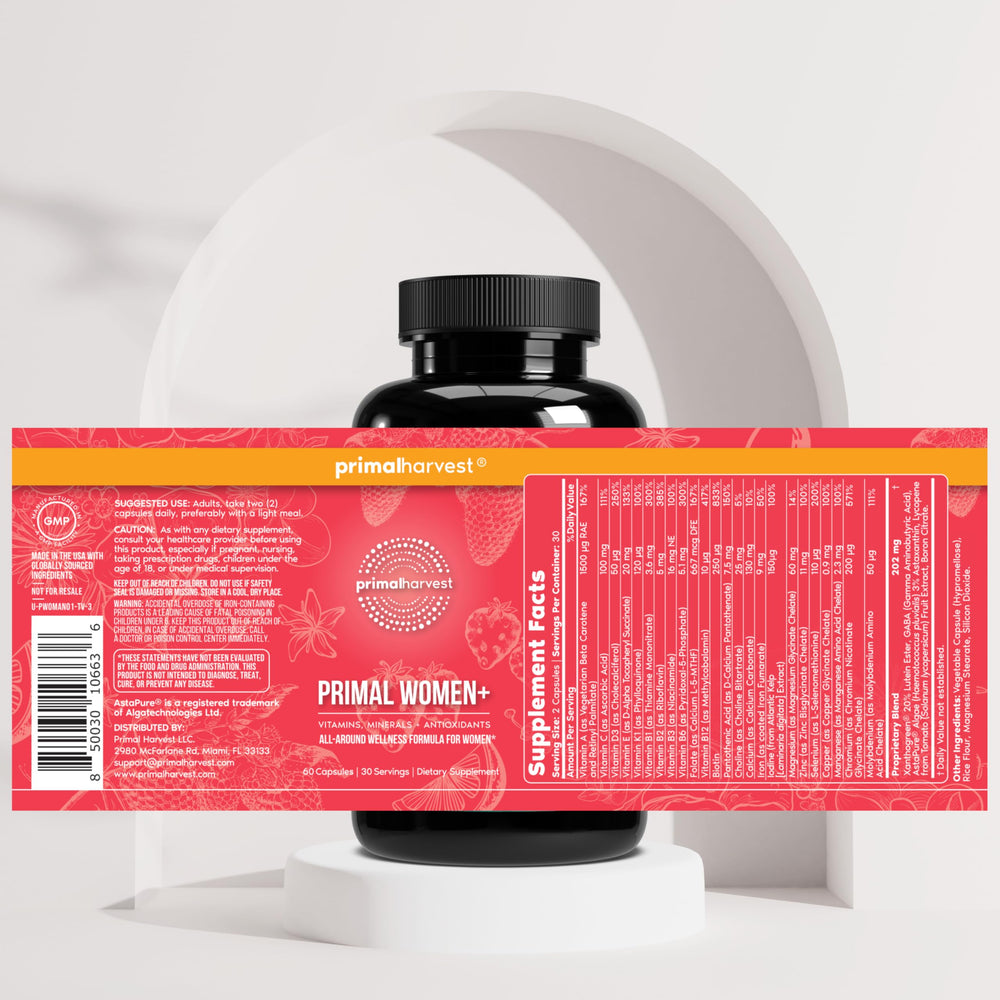 Primal Harvest Women+ USA-made seal on packaging.