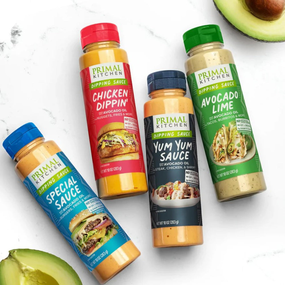Primal Kitchen Avocado Lime Dipping Sauce bottle shown with ingredients for versatility.