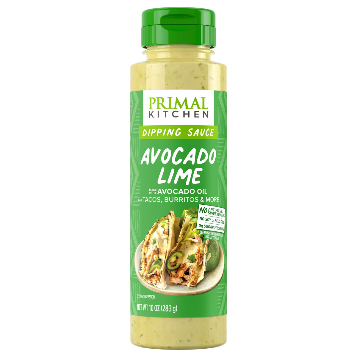 Primal Kitchen Avocado Lime Dipping Sauce bottle on counter for creamy citrus flavor.