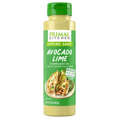 Primal Kitchen Avocado Lime Dipping Sauce bottle on counter for creamy citrus flavor.