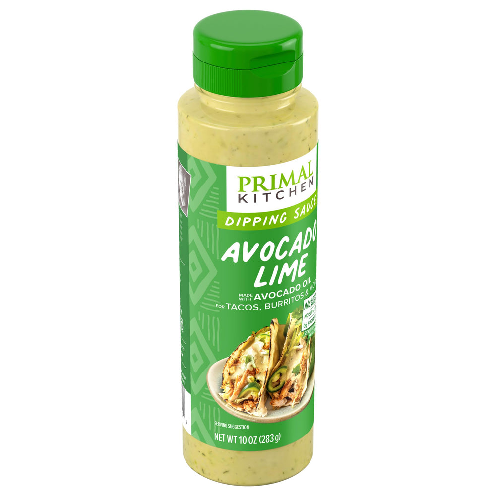 Primal Kitchen Avocado Lime Dipping Sauce on chips for citrus twist.