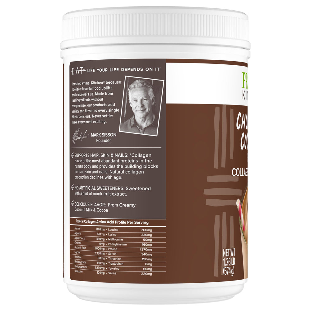 Primal Kitchen Chocolate Coconut Collagen Fuel Drink Mix ingredients shown; gluten-free and keto-friendly.