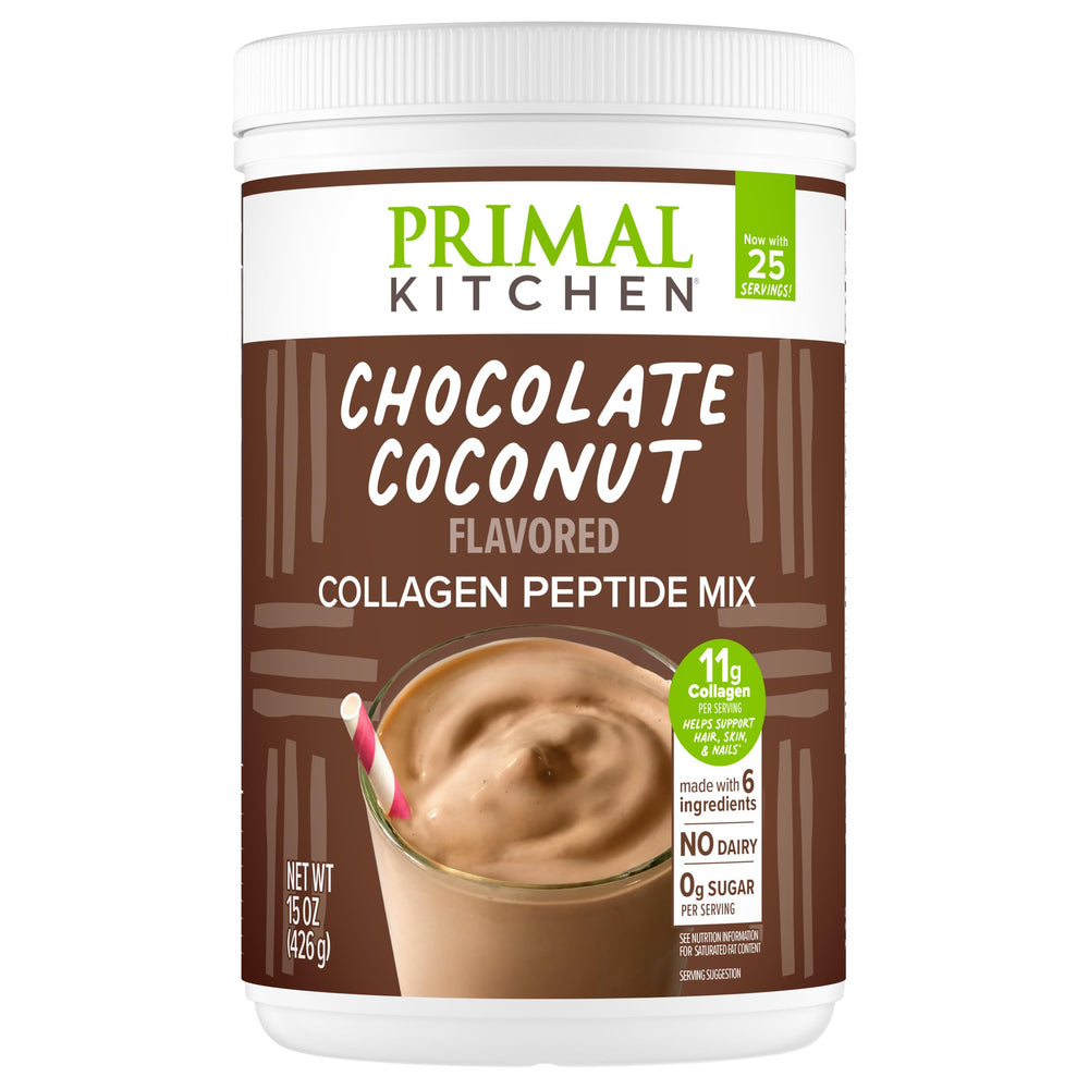 Primal Kitchen Chocolate Collagen Fuel bottle pour shows dairy-free convenience and flavor