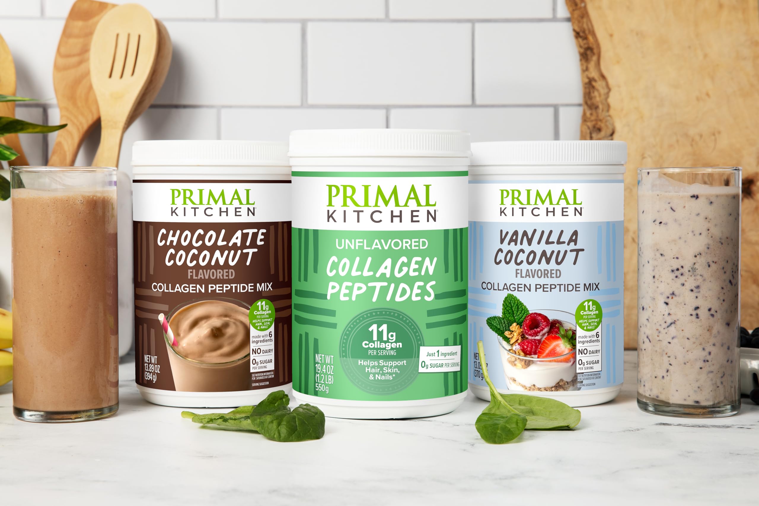 Primal Kitchen Chocolate Collagen Fuel Drink Mix on a shelf; quick daily protein boost.