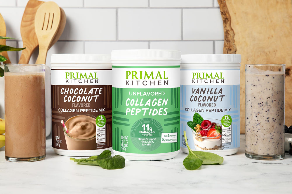 Primal Kitchen Chocolate Collagen Fuel Drink Mix on a shelf; quick daily protein boost.