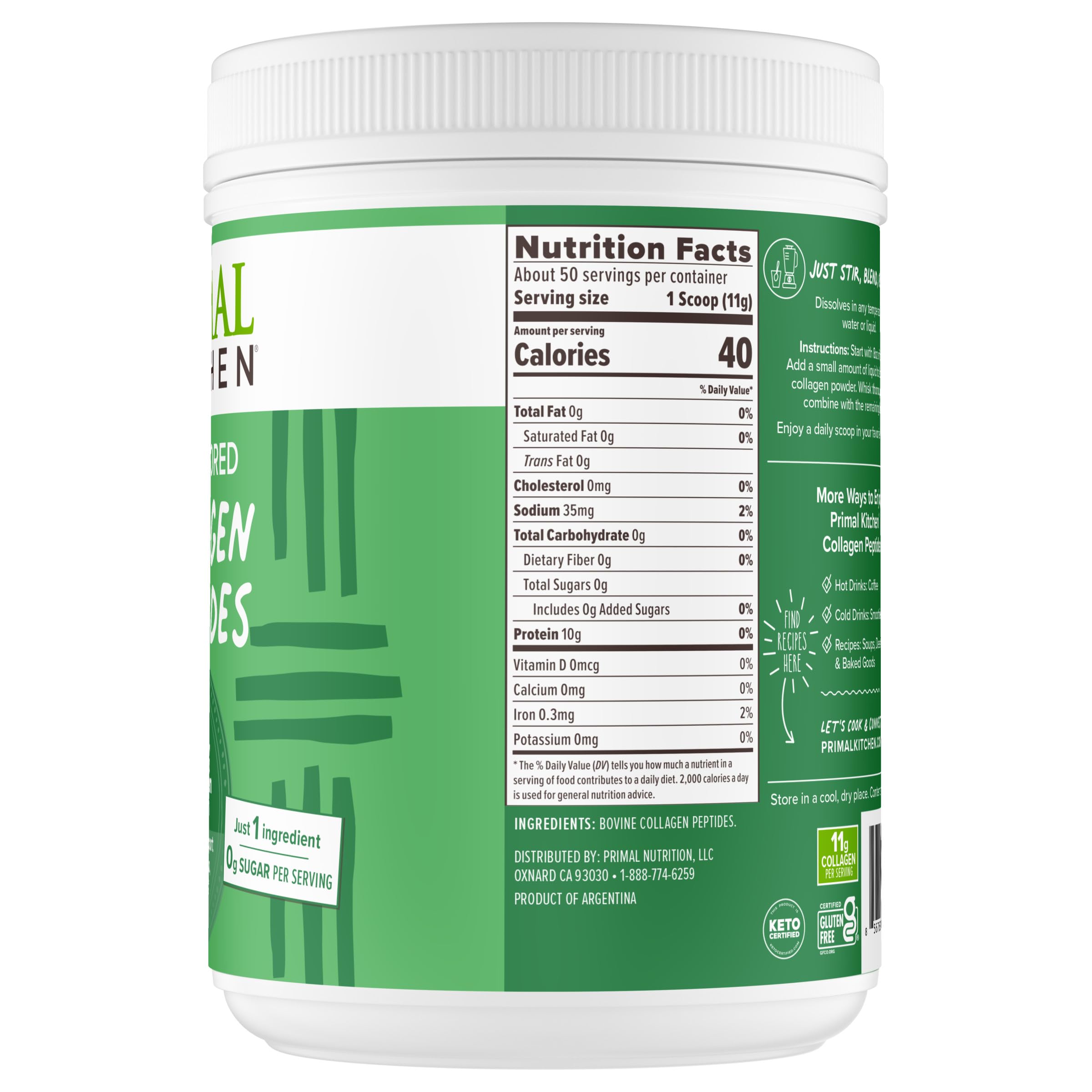 Primal Kitchen Collagen Peptides 1.2 lb container ready for daily use.