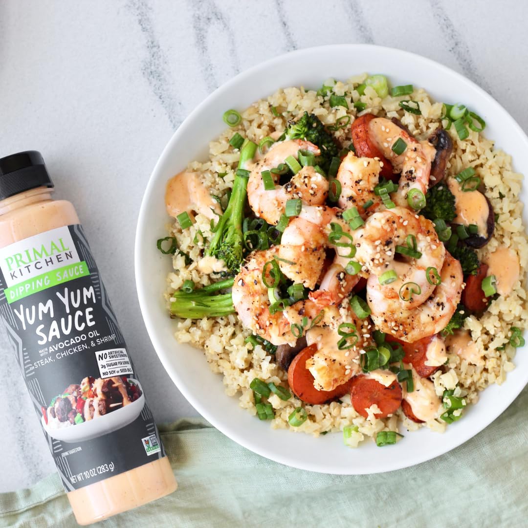 Primal Kitchen Yum Yum Sauce dipping on plate, enhances grilled veggies and skewers