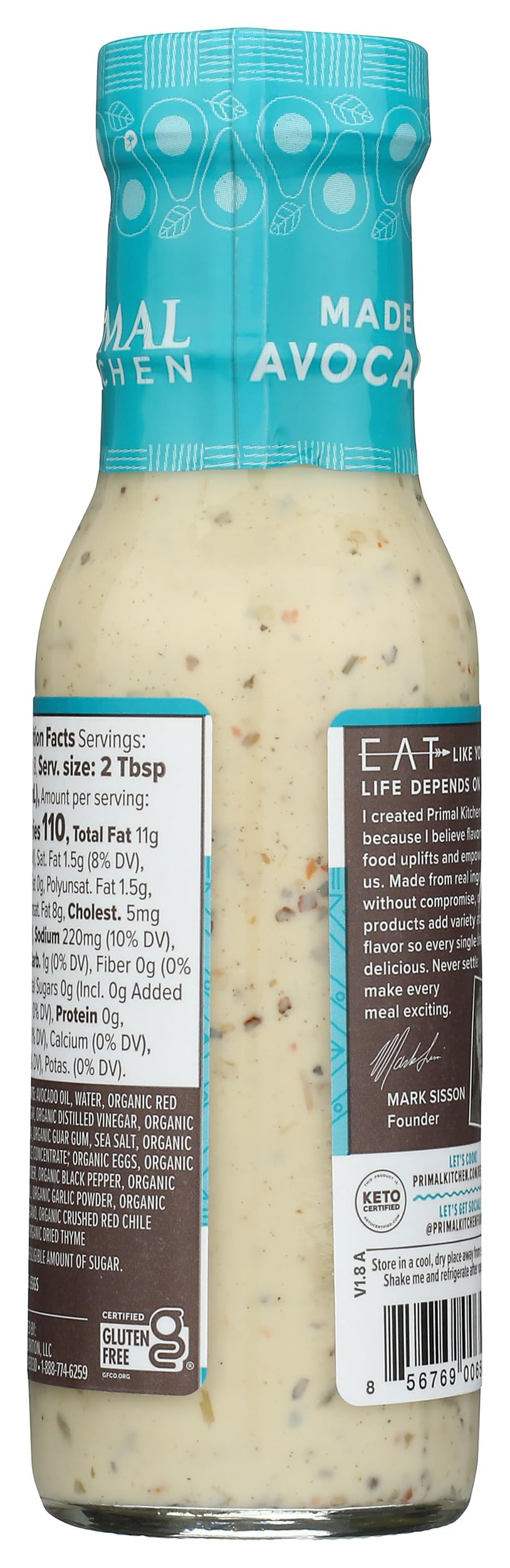 Primal Kitchen Dreamy Italian dressing label closeup highlights avocado oil and Italian spices.