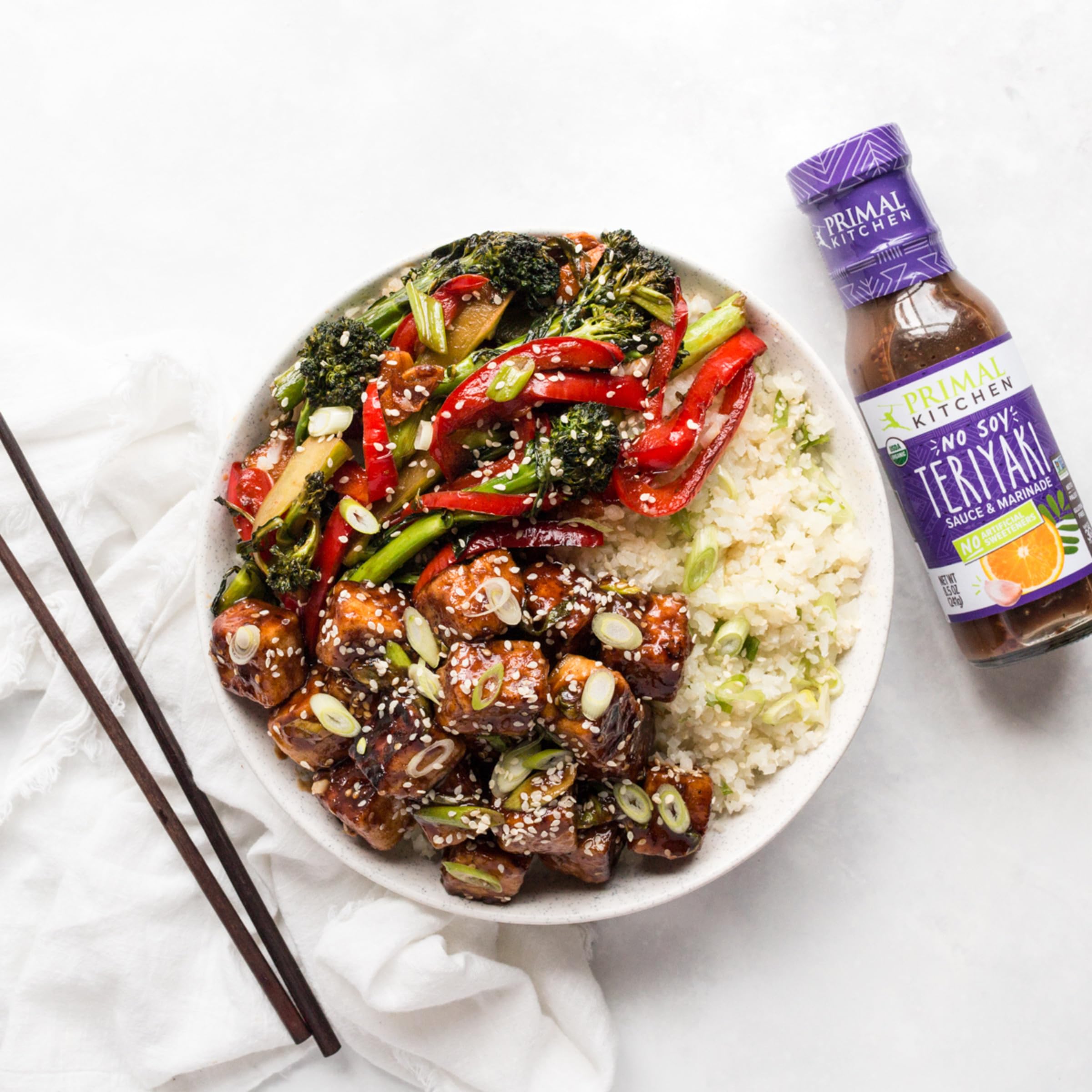 Sauteed vegetables coated in Primal Kitchen No-Soy Teriyaki glaze