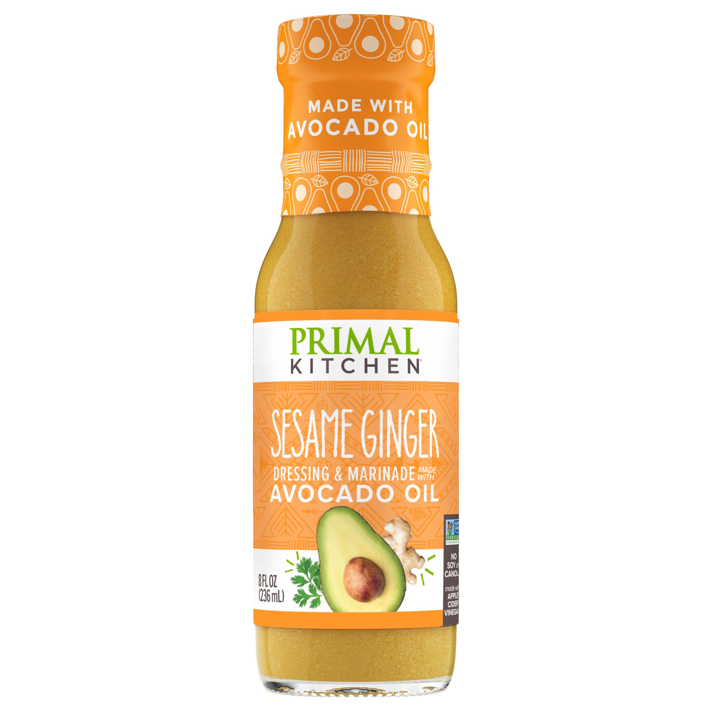 Primal Kitchen Sesame Ginger Vinaigrette bottle shows avocado oil base.