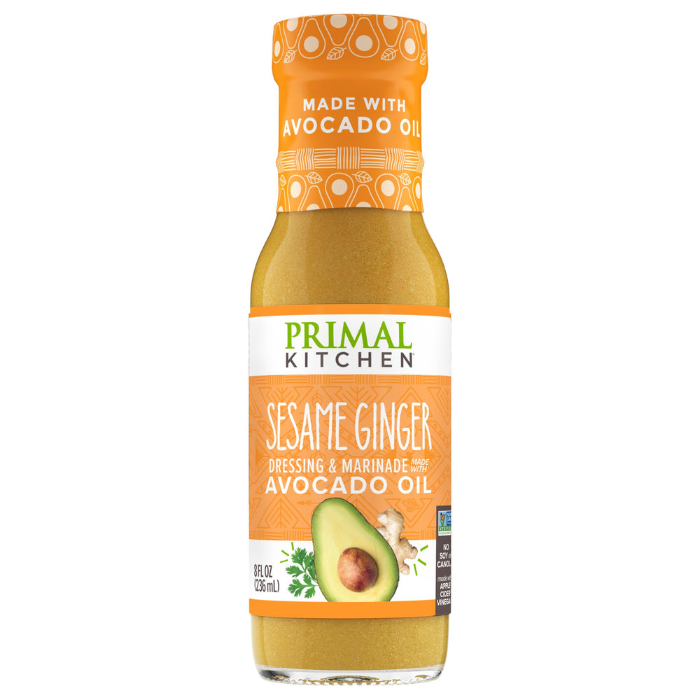 Primal Kitchen Sesame Ginger Vinaigrette bottle shows avocado oil base.