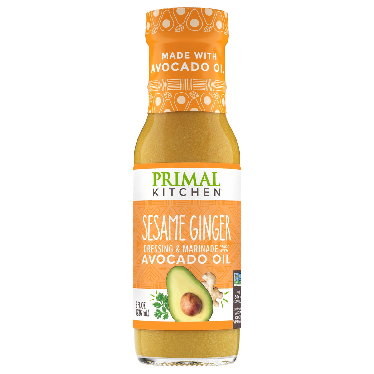 Primal Kitchen Sesame Ginger Vinaigrette bottle shows avocado oil base.
